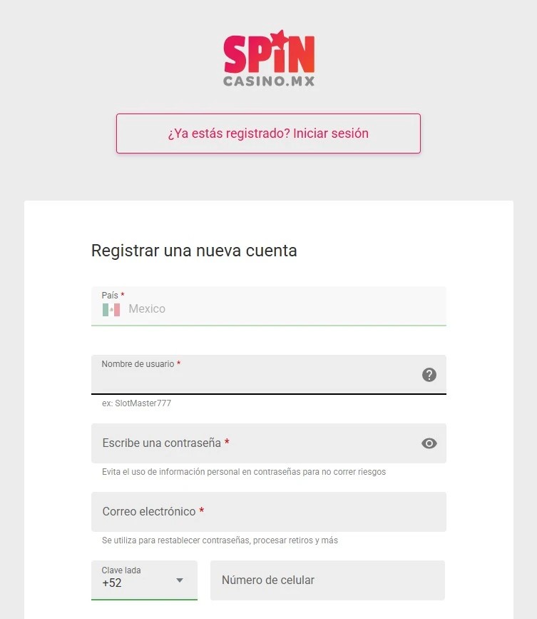 Registro en Spin Casino México